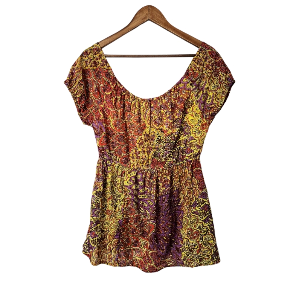 Bold Multicolor Paisley Print Boho Peasant Puff Sleeve Babydoll Top | Jasmine - Picture 7 of 8